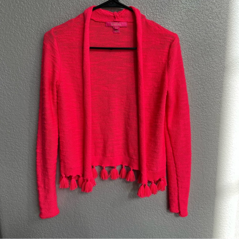 Lilly Pulitzer Hot Pink Tassel Hem Open Front Sweater
